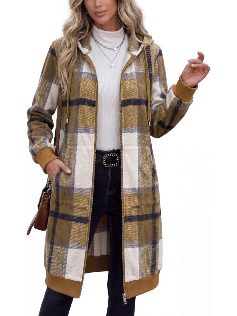 Women's Khaki Plaid Fleece Hoodie Longline Zip Front Oversized Duster Jacket